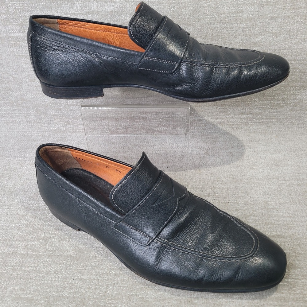 Santoni Mens Black Leather Penny Loafers 221455 Italy Dress Shoes 9.5 D
